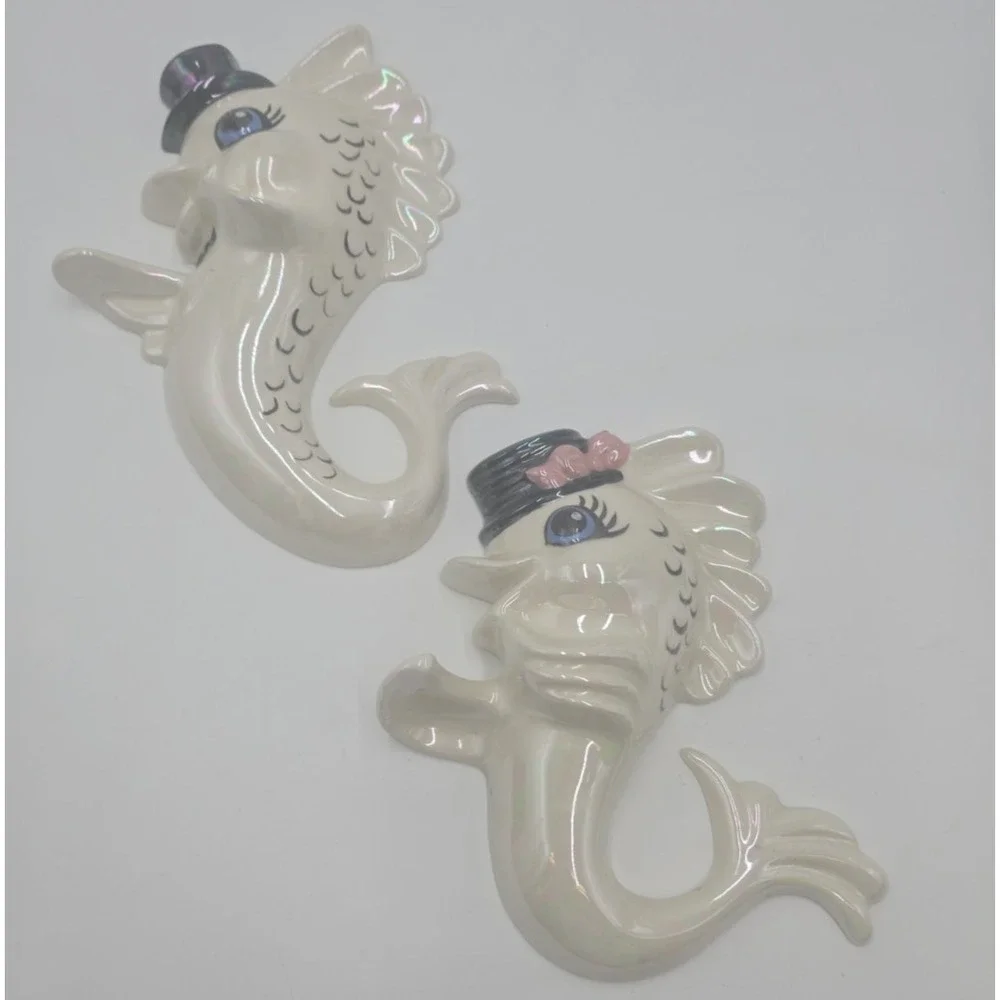 Arnels Vintage Anthropomorphic Fish Wall Plaques Retro Coastal Ceramic Pair‎